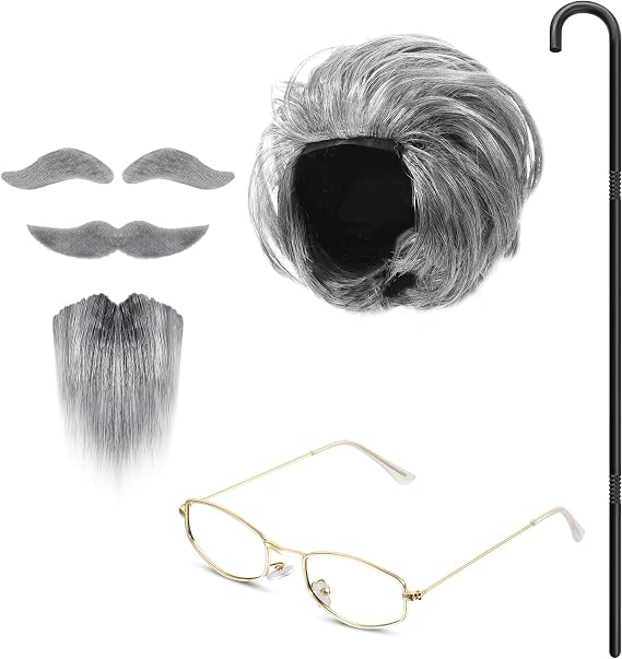 7 Pcs Old Man Costume Kit 100 Days of School Grandpa Wig Costume Accessories 1920s Halloween Old Man Cosplay Costumes