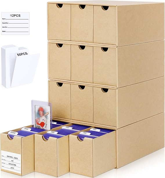 Card Storage Box for Toploader, 12 600 Count Cardboard Trading Card Organizer Box with Dividers for Sports TCG Mtg, brown