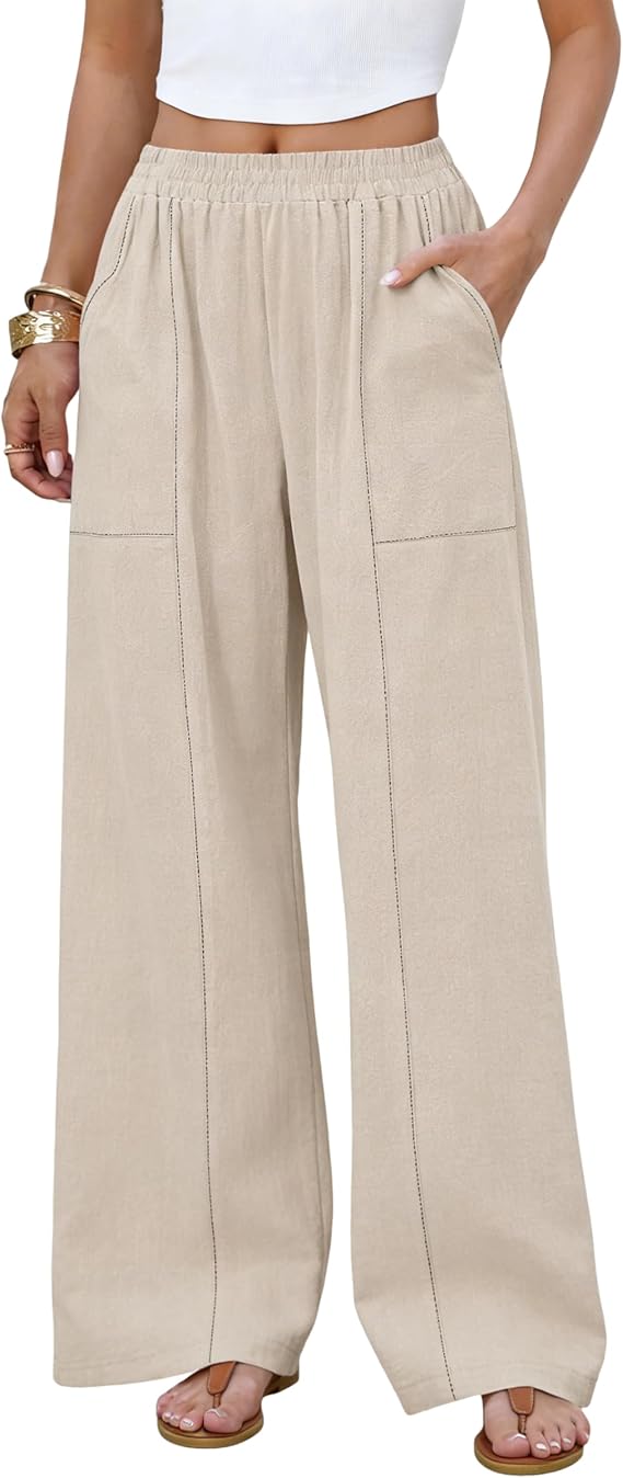 EsheSy Women Casual Wide Leg Pant Elastic Waist Palazzo Pants Loose Lounge Trousers with Pockets