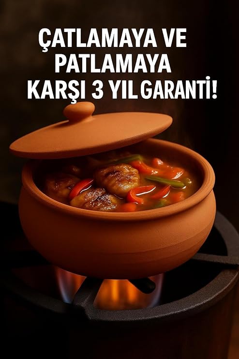 Doğal Toprak Güveç Tencere, 2 Litre, Kapaklı, Ocak ve Fırın Uyumlu, Kahverengi