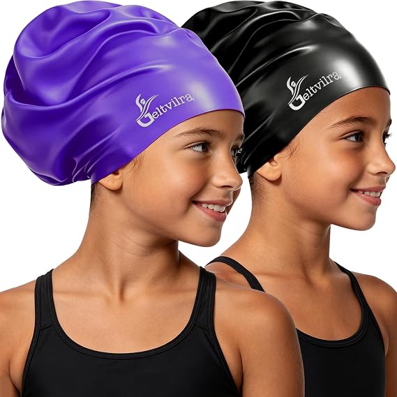 2 Pack Kids Extra Large Swim Cap for Long Thick Hair, Waterproof Silicone Swimming Hat for Girls Aged 4 to 16 Boys Toddler Children Youth, Hair Turban Protection for Braids Dreadlocks Extensions Afros