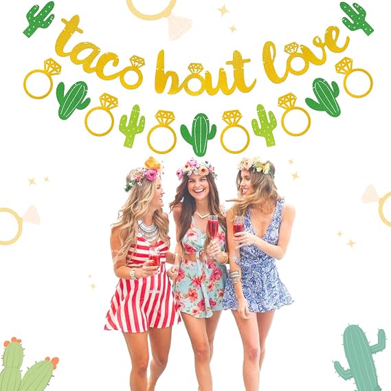 Taco Bout Love Banner Gold Glitter Bachelorette Wedding Engagement Bridal Shower Backdrop Mexican Fiesta Themed Party Supplies Decorations 2 Set
