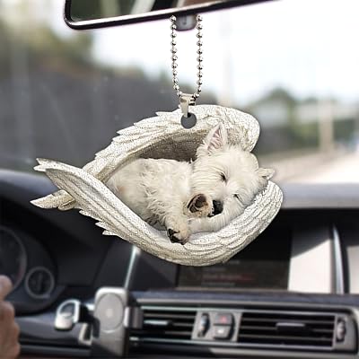 Talataca White West Highland Terrier Sleeping Angel Wing Westie Memorial 2D Flat Car Rear View Mirror Accessories Christmas Tree Ornament Decoration Hanging Charm Interior Rearview Pendant Decor Gift
