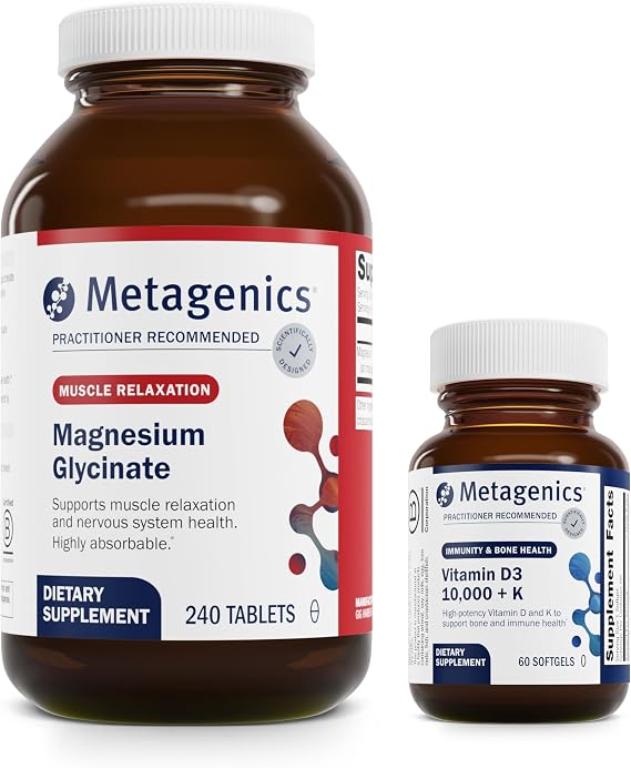 Metagenics Bundle - Magnesium Glycinate & D3 10,000 + K - 240 Tablets of Magnesium Glycinate for Nervous System Support - 60 Softgels of D3 10,000 + K for Immune Support, Bone Health & Heart Health