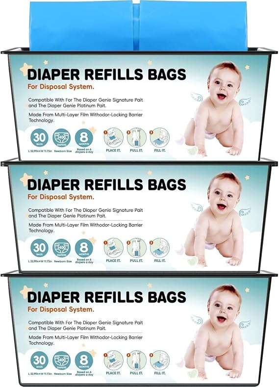 90 Bags Diaper Pail Refills Bags Compatible with Genie Easy Roll Signature and Platinum Diaper Pails | 7-Layer,Odor Barrier Technology| Holds Up to 4330 Newborn Diapers, 3 Pack