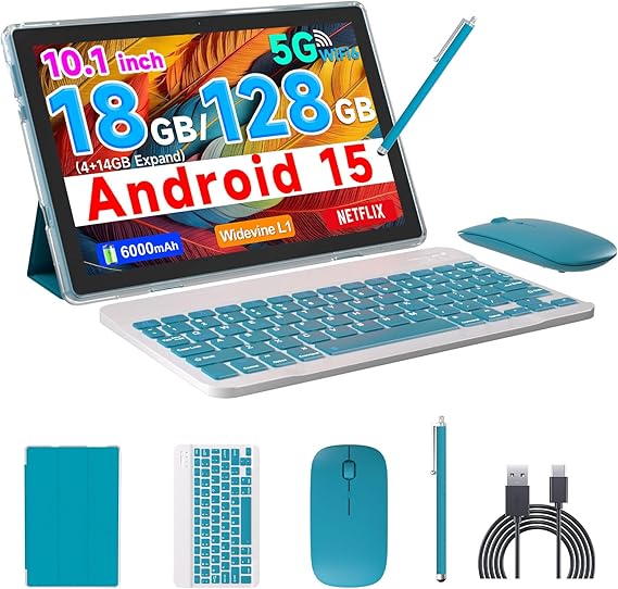 COOPERS Tablet Android 15, 10 inch Tablet 18GB RAM+128GB ROM 2TB Expandable, 2.0Ghz Quad-core Processor, 5G WiFi6 BT 5.0, Dual Cameras, 2 in 1 Tablets with Keyboard Case Mouse Stylus, Widevine L1 Blue