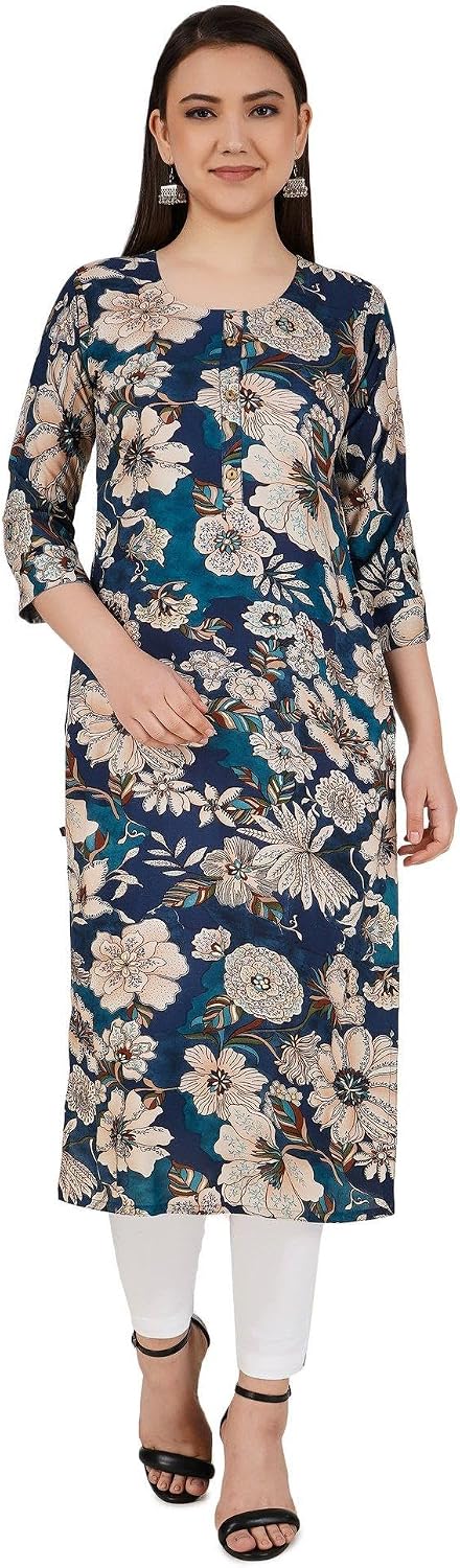 ladyline Womens Casual Rayon Printed Tunic Kurti - Round Neck Button Down Kurta Top Dress