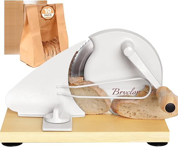 Brvclon Manual Bread Slicer for Homemade Sourdough,Adjustable Thickness,Hand Crank Bread Slicer with Stainless Steel Blade, Aluminum Alloy Frame & Solid Wood Base, with 10 Bread Bags
