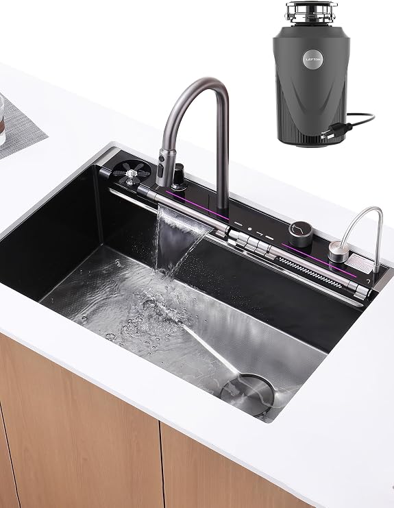 Lefton New 33"x22" Stainless Steel Waterfall Kitchen Sink with Temperature Display in Fahrenheit KS2207L-PRO (Grey, 33x22 (w/ 1 HP Garbage Disposal))
