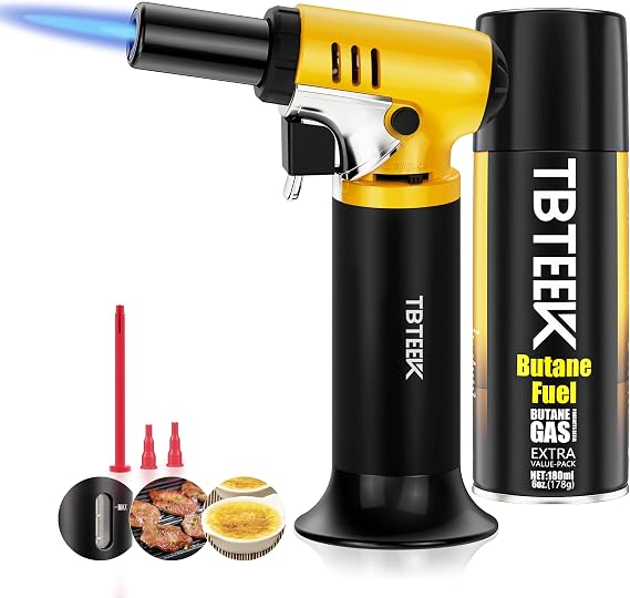 Kitchen Torch with Butane Included, One-hand Operation Cooking Torch Lighter with Butane Refill for BBQ, Baking, Brulee Creme, Crafts and Soldering