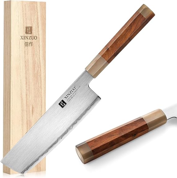 XINZUO Japanese Nakiri Knife 7 Inches,Professional High Hardness High Carbon ZDP-189 Power Steel Kitchen Knife,Sharp Meat Vegetable Knife,Octagonal Handle with Desert Ironwood