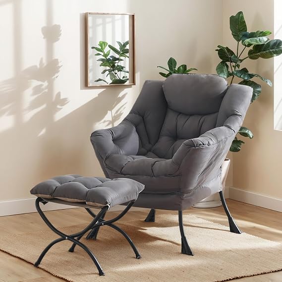 Lazy Chair with Ottoman Reading Arm Chair with Armrest and Footrest Large Modern Lounge Accent Chair with Ottoman Leisure Sofa Chair for Living Room, Bedroom and Dorm Room Dark Grey