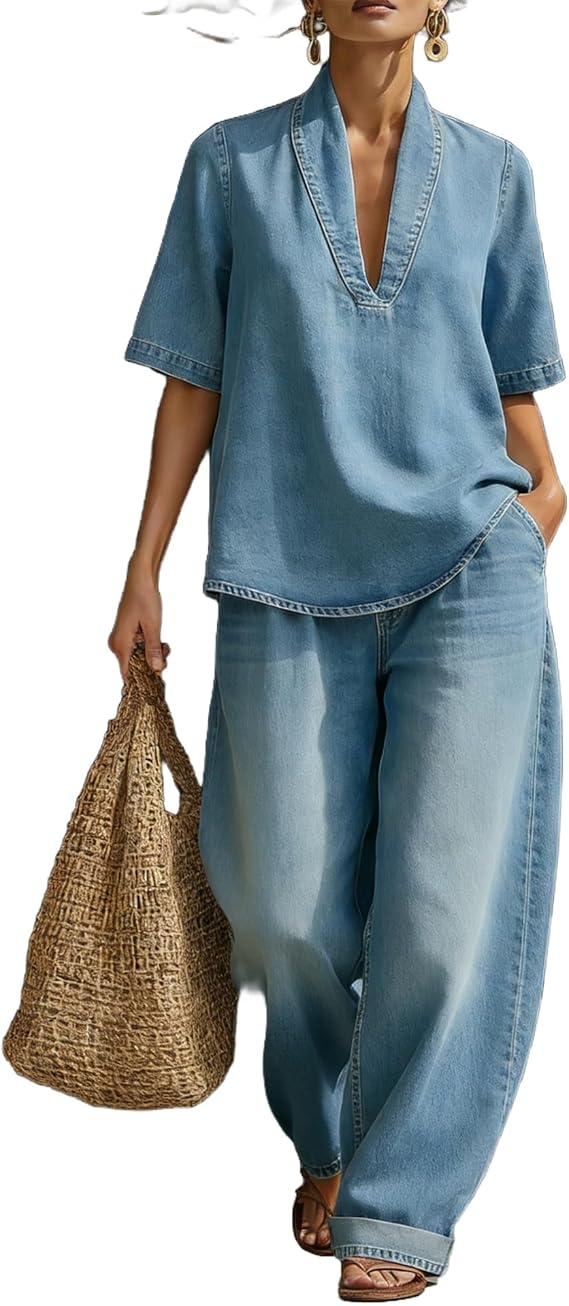 Denim Set for Women 2 Piece Short Sleeve V Neck Loose Top and Wide Leg Pants Set Casual