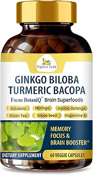 Organic Veda Ginkgo Biloba Turmeric Bacopa Brain Supplements for Memory and Focus - FocusBotaniQ Natural Brain Health Superfood, Cognitive, Energy, Mood Support for Men, Women & Seniors - 60 Capsules