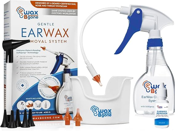 WaxBgone Ear Wax Removal Kit with SoftSpray Ear Irrigation Tips for Safe and Effective Earwax Removal - Complete Ear Cleaning Kit for Adults and Kids - Includes Ear Wax Removal Softening Drops