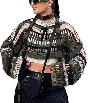 Women Y2k Knit Crochet Shrug Long Sleeve Hollow Out Drop Shoulder Cardigan Sweater Casual Crop Top Streetwear 02-Green, S