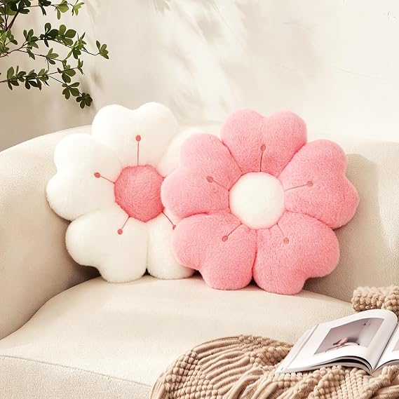 2Pcs Flower Pillow,34cm Plush Thick Flower Cushion White & Pink Aesthetic Daisy Pillow,Soft Fluffy Preppy Cushion Lumbar Suppor Mat Room Decor for Car Home Sofa Chair Bedroom Floor(Pink+White)