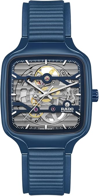 Rado - True Square - Unisex Automatic Swiss Watch - 38mm Square Rhodium Blue Dial - Blue Rubber & High-Tech Ceramic Bracelet - R27178205
