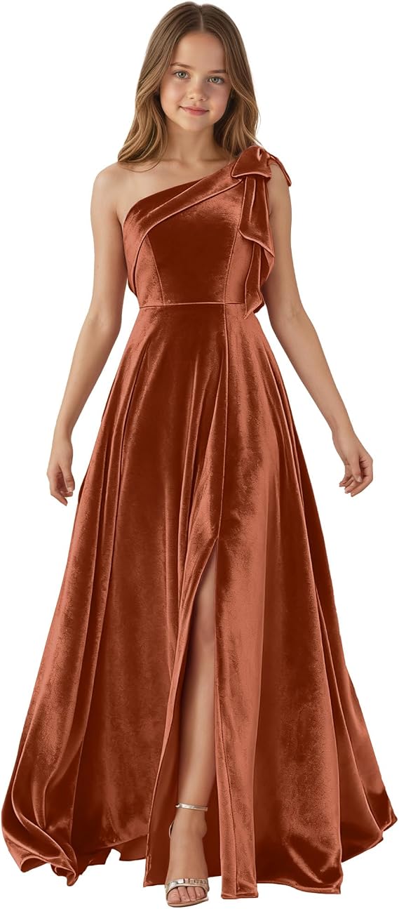One Shoulder Junior Bridesmaid Dresses for Teen Girls Bow Velvet Flower Girl Dress Long Girls Formal Dress Slit