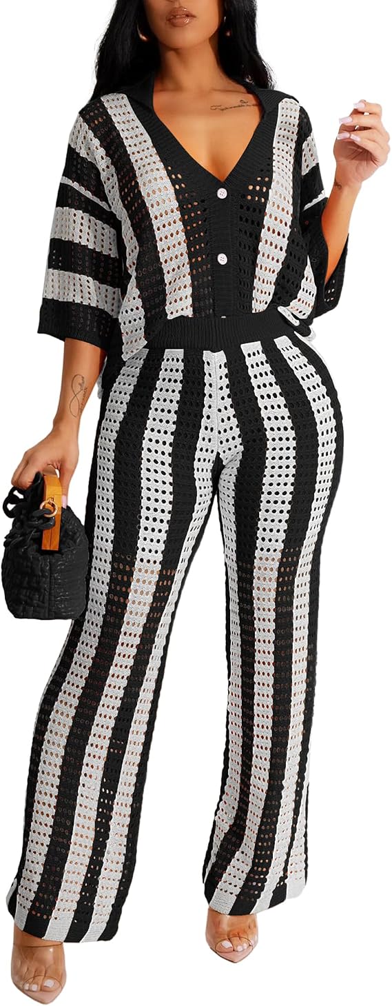 VOIKERDR Crochet Sets Two Piece Women Hollow Out Knitted Set Summer Vacation Outfits Beachwear Sexy
