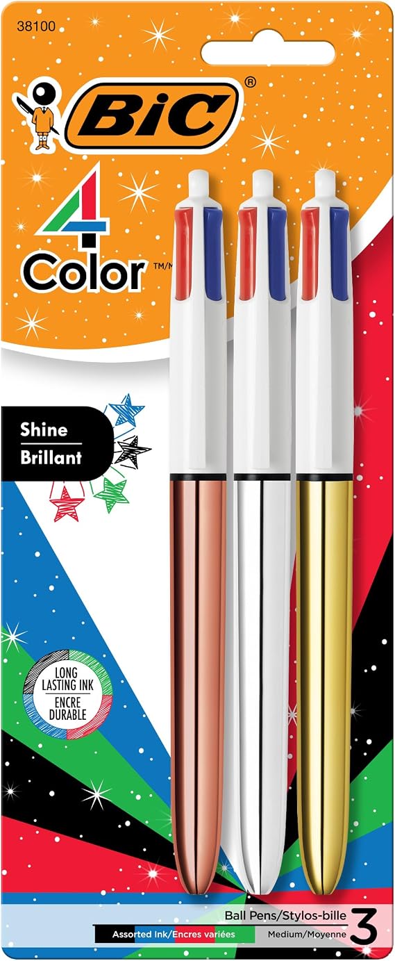 BIC 4 Color Shine Retractable Ballpoint Pen, 1.0 mm Medium Point, 3-Count