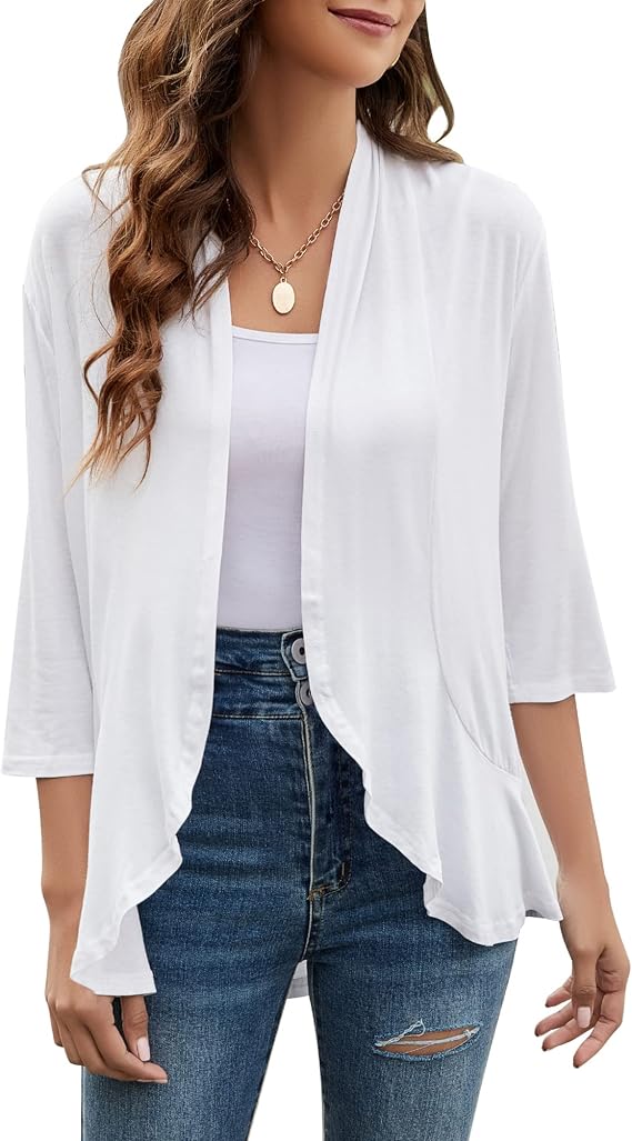 Yekaty Women Cardigan 3/4 Sleeves Open Front Lightweight Draped Cardigan