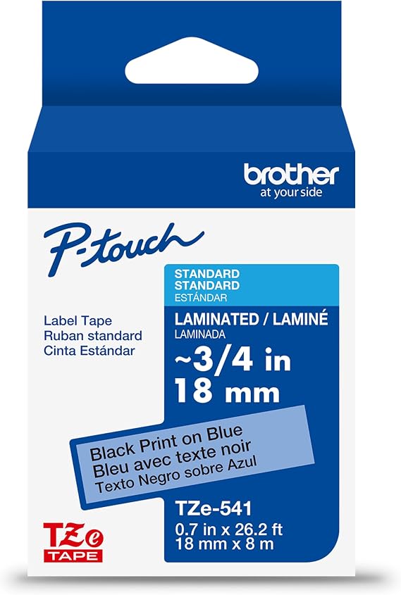 Brother Genuine P-Touch TZe Black Print on Blue Label Tape (TZe541), Laminated,3/4in x 26.2ft (18mm x 8m), for Select P-Touch Label Makers, Durable, Water-Resistant, Indoor/Outdoor Use
