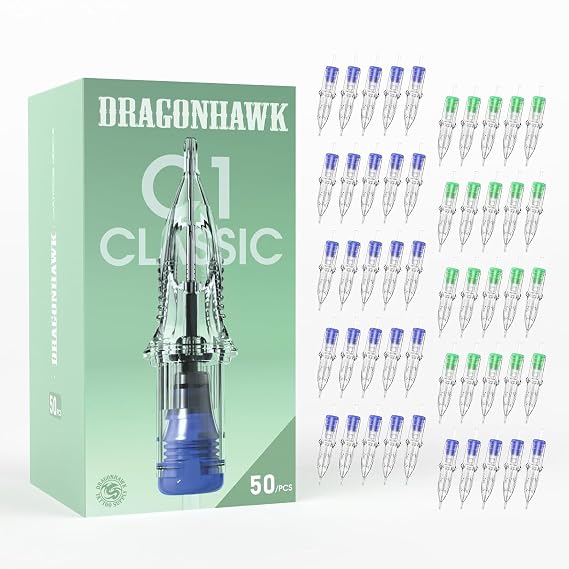 Dragonhawk Extreme 50Pcs Tattoo Needle Cartridges - Assorted Mixed Sizes 1003RL 1005RL 1007RL 1205RS 1207RS for Fine Line, Dotwork, Soft Shading Tattoos - Compatible with Most Rotary Tattoo Machines