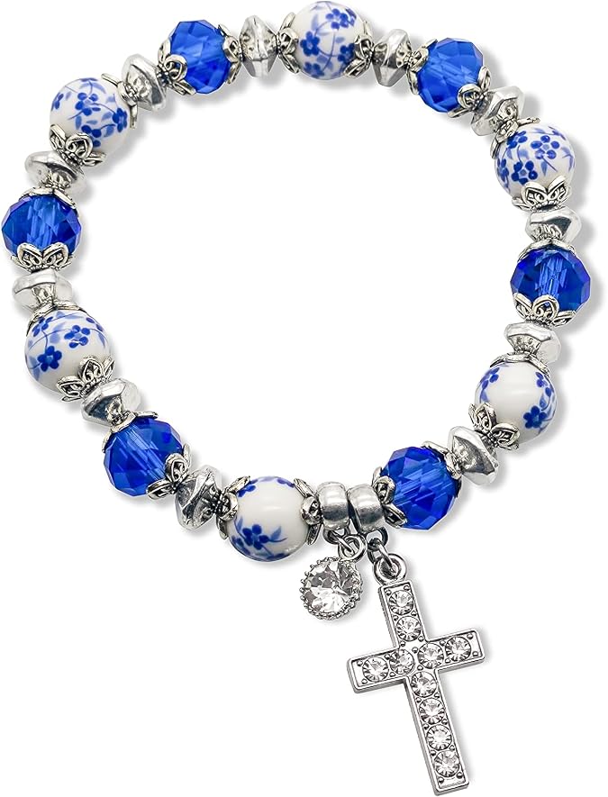 Nazareth Store Handmade Crystallized Glass Beads Cross Bracelet with Ceramic Flower Beads Religious Christian Bangle for Women and Men
