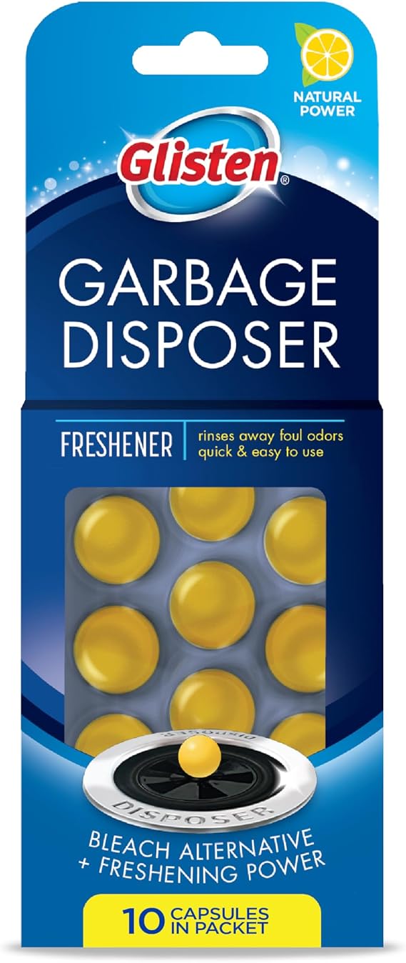 Glisten Garbage Disposer Freshener, Lemon Scent Deodorizer, 10 Capsules | Quick Deodorizer Capsules Freshen Disposers Daily and Help Prevent Tough Food Odor & Grunge, USA Made
