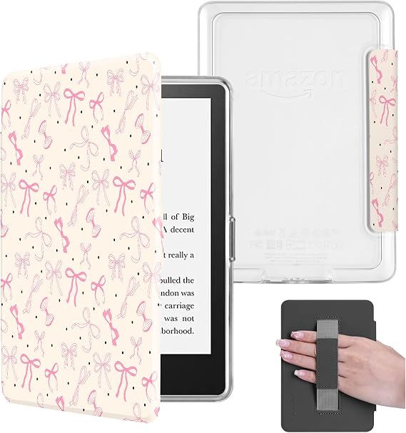 Pink Bow Case with Hand Strap for 6" Kindle Paperwhite 5th/6th/7th Generation 2012-2017 Released (Model No.DP75SDI & EY21), Light PU Leather Cover and Transparent Hard Back Shell