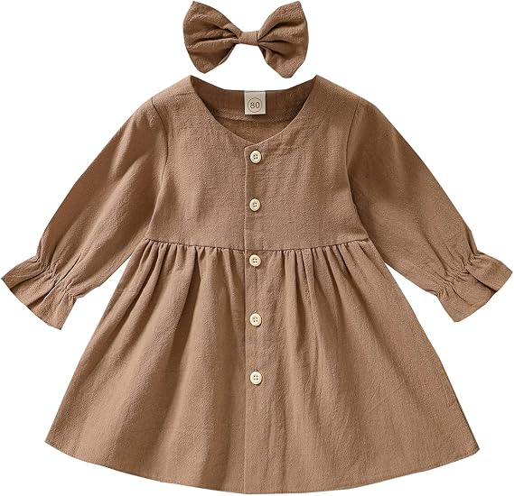 VISGOGO Baby Kids Girl Dresses Outfit Solid Color Long Sleeves Single-Breasted Dress + Headband 2Pcs Clothes