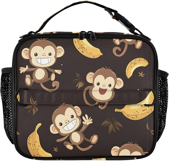 Lunch Bag for Boys Girls Cartoon Monkeys Bananas Insulated Cooler Reusable Lunch Box with Shoulder Straps for Work Office School