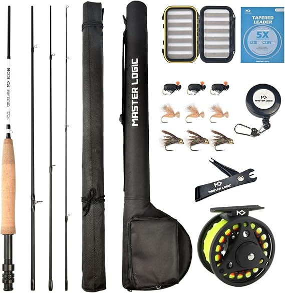 Fly Fishing Combo Starter Kit, Graphite Rod and Reel with Case | Graphite fly rod with cork handle, die-cast aluminum reel, fly box, flies, carry case and accessories for beginners