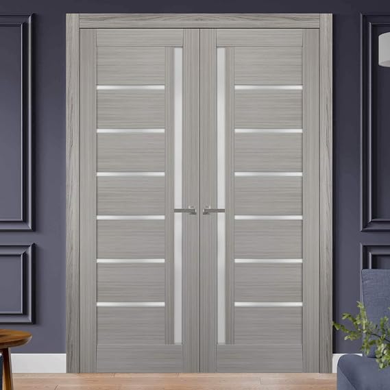 SARTODOORS Interior French Doors 72 x 96 inches | Quadro 4088 Ginger Ash | Double Swing Doors | Frosted Glass | Living Room Office