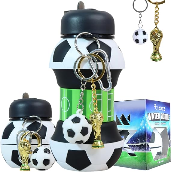 Football Water Bottle With World Cup Trophy Keychain - 550ml Silicone Collapsible Football Water Bottle