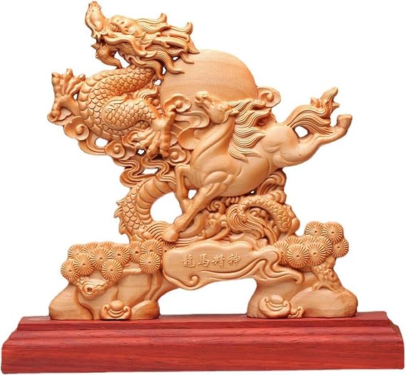 Dragon Horse Spirit Statue Ornament Home Office Decor,Solid Wood Dragon Horse Figurines for Struggler,Feng Shui Decorative Sculpture for Gift