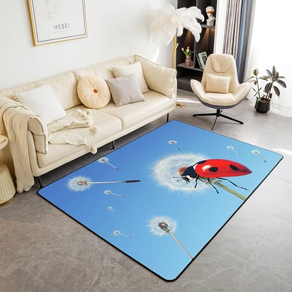 Castle Fairy Red Ladybug Mat Rug for Living Room Bedroom,Country Style Dandelion Boys Girls Kids Soft Cozy Carpet Blue Sky Nature Decor Floor Mat Blue Room Decorative Rug,3x5