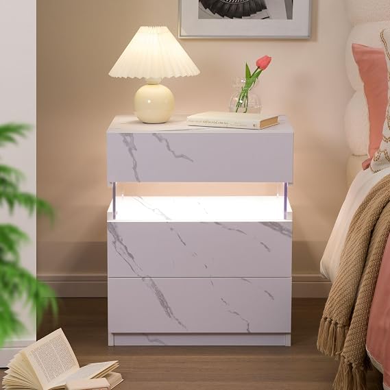 Cubehom Bedside Table with Drawer Bedside Table with LED Lighting Wooden Side Table Storage Table for Bedroom Marbled White
