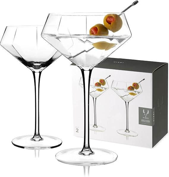 Viski Seneca Diamond Faceted Stemmed Coupe Glasses, Fancy Crystal Martini Glasses, Modern Glassware Perfect for Espresso Martini, Manhattan, Champagne Cocktails, Home Bar Accessories, 11 oz Set of 2