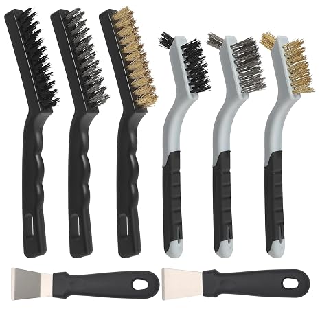 VASTOOLS 8 Pack Wire Brush & Scraper Set, 7"+9" Brass/Stainless Steel/Nylon Brushes with Stiff Putty Knives for Rust, Paint, Grease Removal, Metal, Tile, Concrete & Household Cleaning
