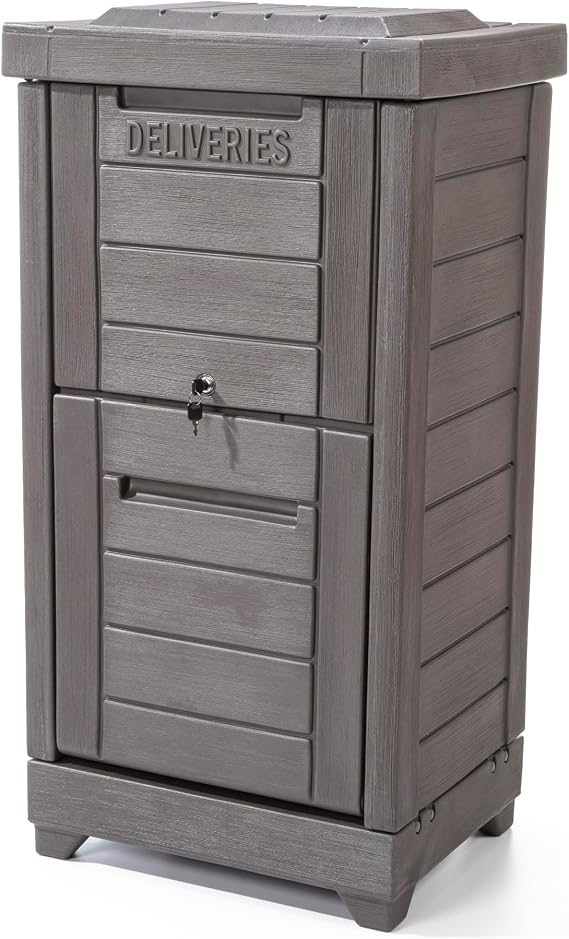Step2 Lakewood Package Delivery Box, Large Capacity Outdoor Parcel Drop Box with Lockable Lid and Keys, Weather-Resistant Resin, Dark Cedar