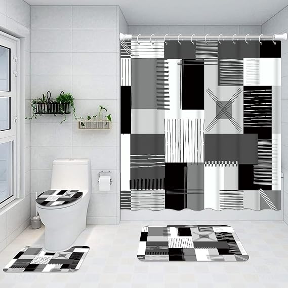 All Smiles Black Shower Curtain Set 4Pcs with Bathroom Rugs