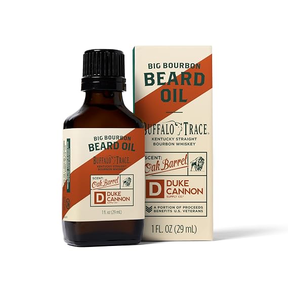 Duke Cannon Bourbon Beard Oil - Travel Size 1 fl. oz | Premium Apricot Kernel, Argan, Jojoba Oils | Softens & Conditions | Woodsy Oak Barrel Scent