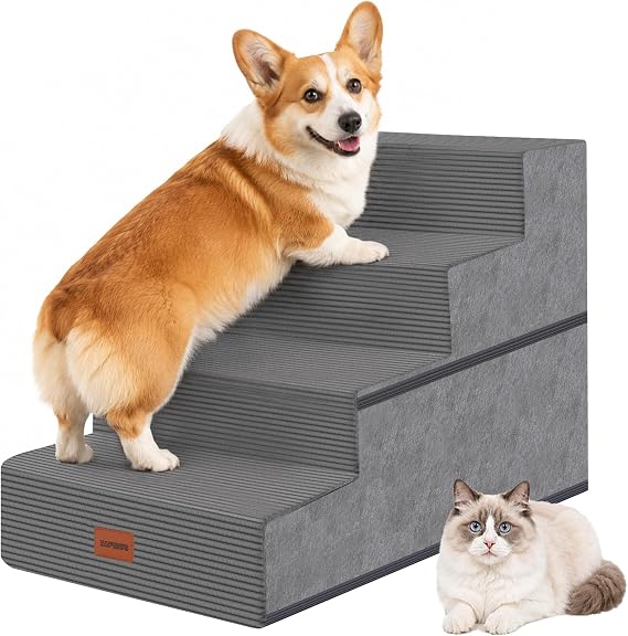 Dog Stairs for Small Dogs, 18" H, 4-Step Pet Steps for Bed Couch Sofa and Chair, Non-Slip Balanced Pet Ramp for Injured & Senior Pets with Washable Cover and Durable High Density Foam, Grey