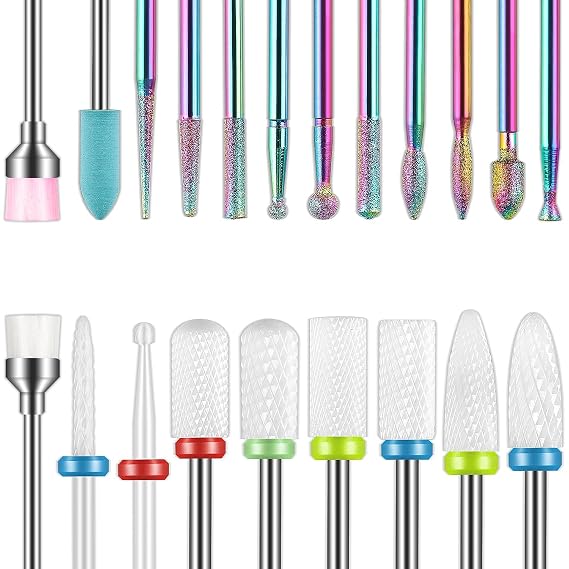 21pcs Nail Drill Bits Sets - 3/32 Inch Cuticle Ceramic Electric Nail File | Acrylic Gel Nail Bit Kit Acrylic Nail Art Tools, Carbide Remover Bits for Manicure Pedicure, Home Salon