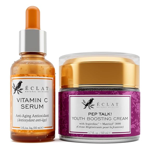 Eclat Skincare Vitamin C Serum + Anti Aging Face Cream Set Vit C with Hyaluronic Acid, Ferulic Acid & Vitamin E + Collagen Peptide Moisturizer Brightening & Anti Wrinkle Skin Care Duo for Women
