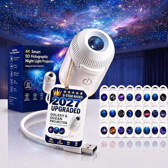 Galaxy Projector, Ocean Projector, 5D Holographic Night Light Projector, Plug and Play Hd Star Projector, 360 Adjustable Hd Galaxy and Ocean Projector for Bedroom Ceiling