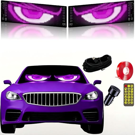 Programmable Car Windshield LED Sign, 23 x 5 Inch Devil Eyes, 1 Piece | App-controlled RGB LED display shows custom text, patterns, and animations. Flexible USB panel adheres to smooth car windows