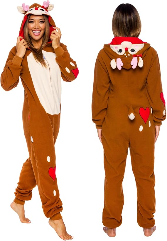 Women's Slim Fit Reindeer One Piece - Plush Adult Holiday Costume Jumpsuit by FUNZIEZ!